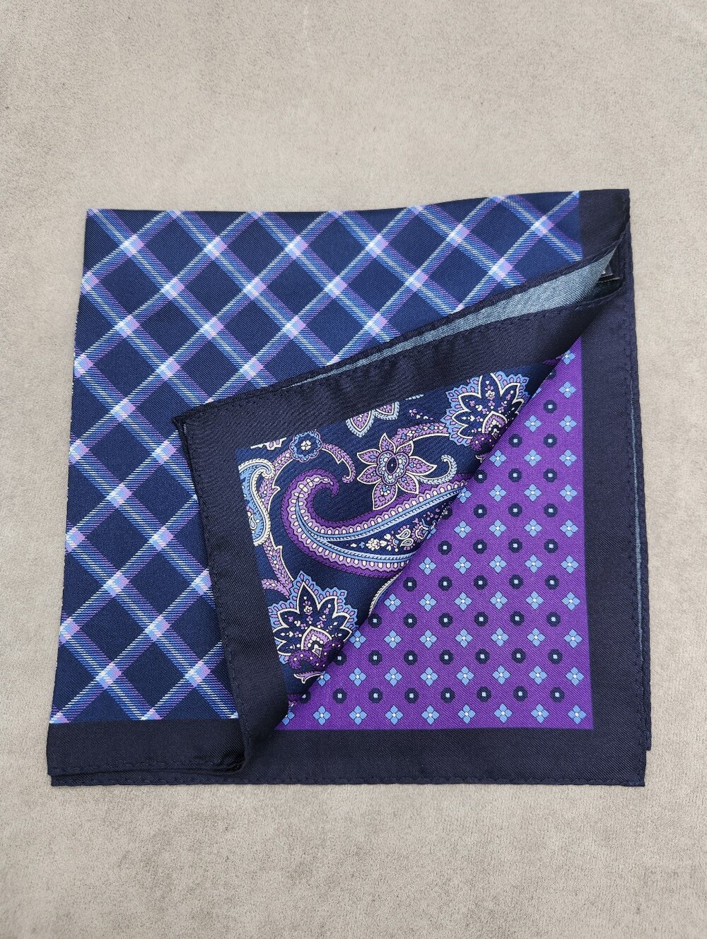 Cremieux Pocket Square Blue Purple 100%Silk Pochette Paisley Plaid 4Panel New$35
